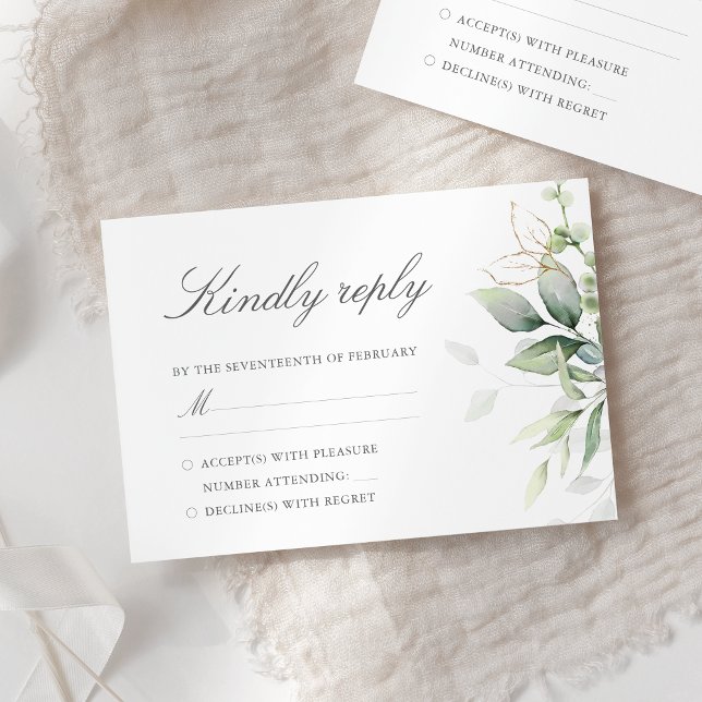 Elegant Eukalyptus Blätter Grüne Goldhochzeit RSVP Karte (Von Creator hochgeladen)