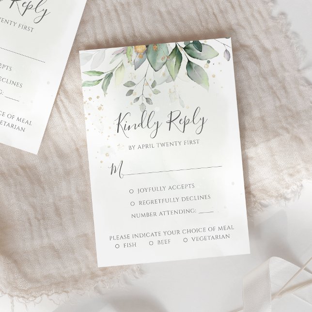 Elegant Eukalyptus Blätter Grüne Goldhochzeit RSVP Karte (Von Creator hochgeladen)