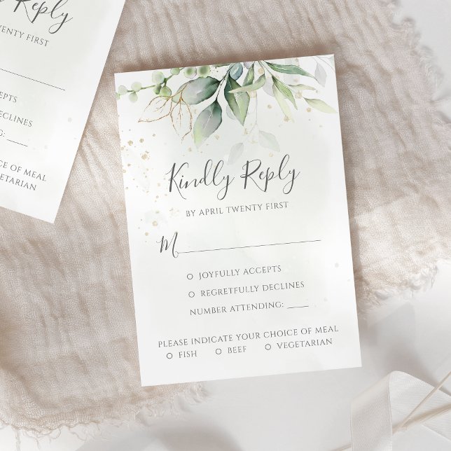 Elegant Eukalyptus Blätter Grüne Goldhochzeit RSVP Karte (Von Creator hochgeladen)