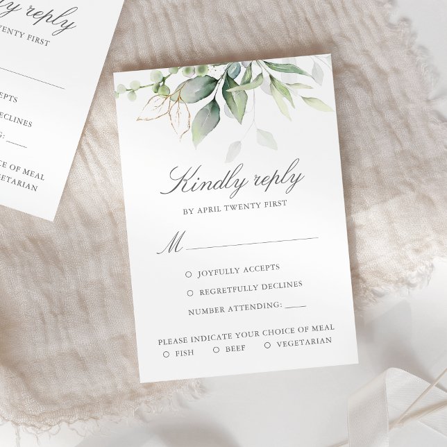 Elegant Eukalyptus Blätter Grüne Goldhochzeit RSVP Karte (Von Creator hochgeladen)