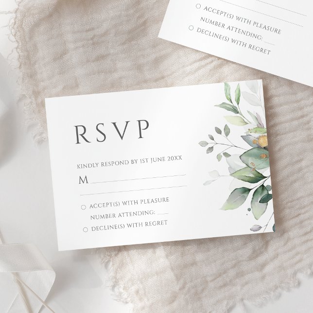 Elegant Eukalyptus Blätter Grüne Goldhochzeit RSVP Karte (Von Creator hochgeladen)