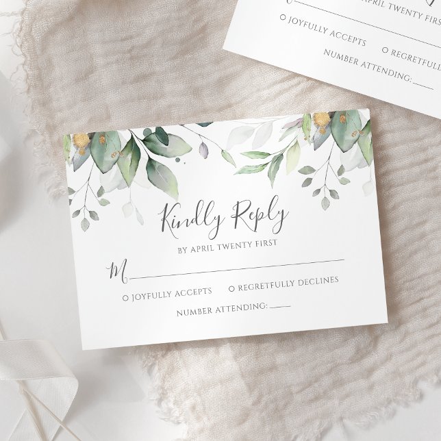 Elegant Eukalyptus Blätter Grüne Goldhochzeit RSVP Karte (Von Creator hochgeladen)