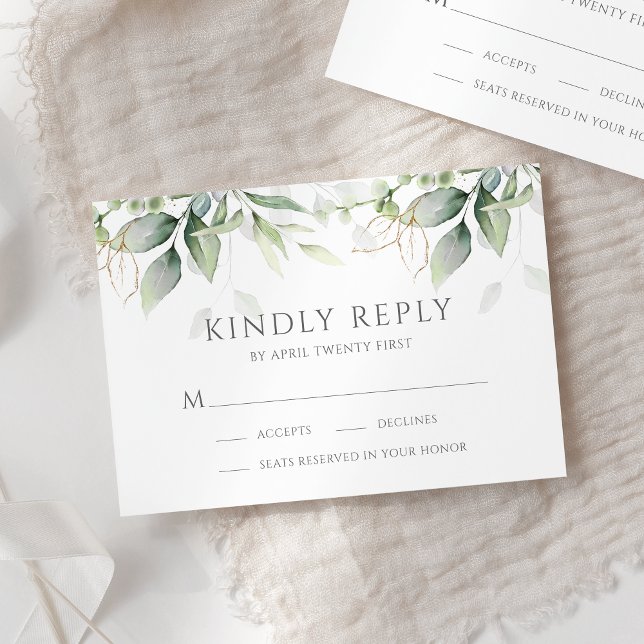 Elegant Eukalyptus Blätter Grüne Goldhochzeit RSVP Karte (Von Creator hochgeladen)
