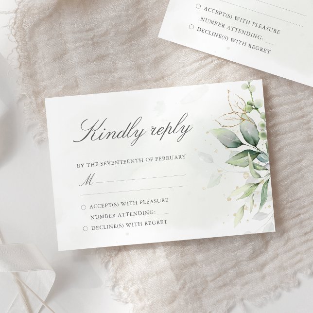 Elegant Eukalyptus Blätter Grüne Goldhochzeit RSVP Karte (Von Creator hochgeladen)
