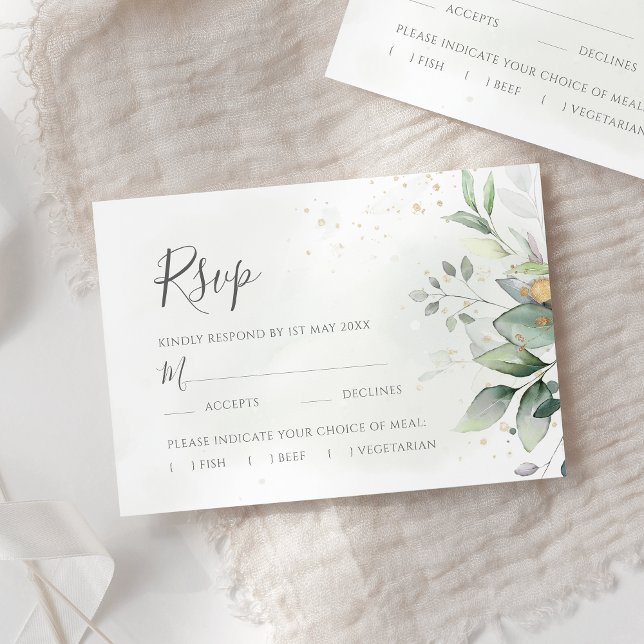 Elegant Eukalyptus Blätter Grüne Goldhochzeit RSVP Karte (Von Creator hochgeladen)