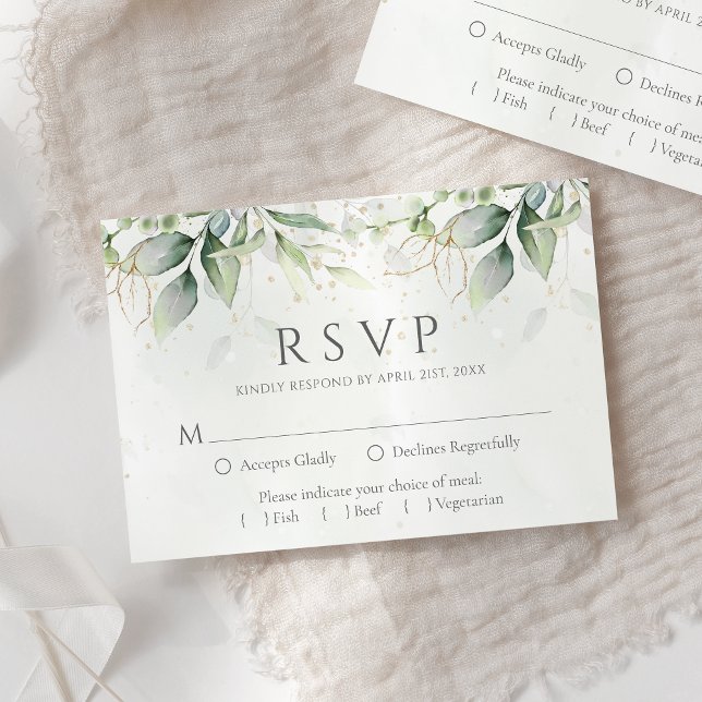 Elegant Eukalyptus Blätter Grüne Goldhochzeit RSVP Karte (Von Creator hochgeladen)