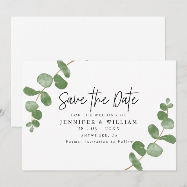 Elegant Eukalyptus Botanical Save the Date Einladung (Vorne/Hinten)