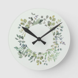 Elegant Eukalyptus Branch Botanical Dusty Green Runde Wanduhr