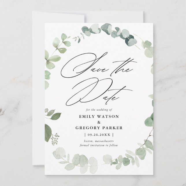 Elegant Eukalyptus Calligraphy Wedding Save The Date (Vorderseite)
