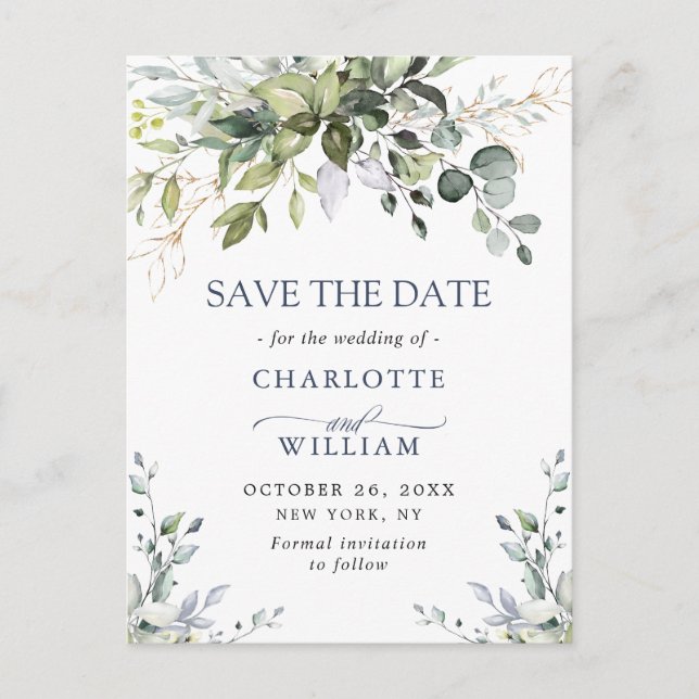 Elegant Eukalyptus Floral Wedding Save the Date Ankündigungspostkarte (Vorderseite)