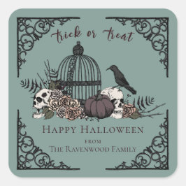 Elegant Eukalyptus Gothic Happy Halloween Quadratischer Aufkleber