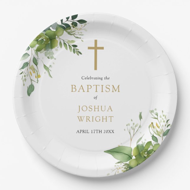 Elegant Eukalyptus Greenerity Baptism Christening Pappteller (Vorderseite)