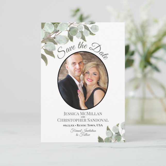 Elegant Eukalyptus Greenerity & Foto White Wedding Save The Date (Stehend Vorderseite)