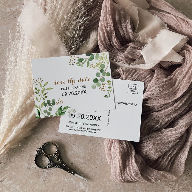Elegant Eukalyptus Greenerity Save the Date Card Postkarte (Von Creator hochgeladen)