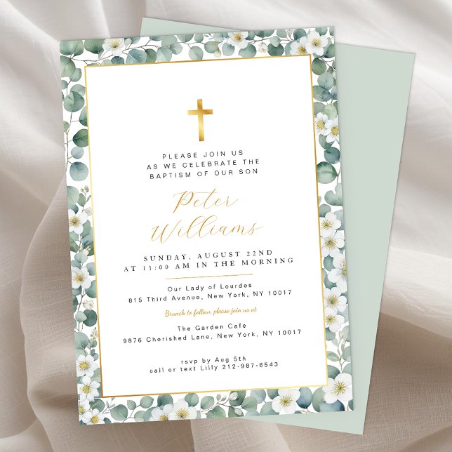 Elegant Eukalyptus Greenerity Taufe Einladung (Gold Cross Eucalyptus Baptism Invitation)