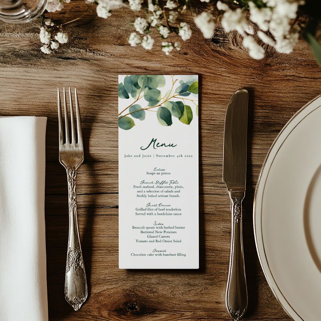 Elegant Eukalyptus Greenerity Wedding Menu Card Menükarte (Wedding reception dinner menu with green text and eucalyptus leaves framing the top)