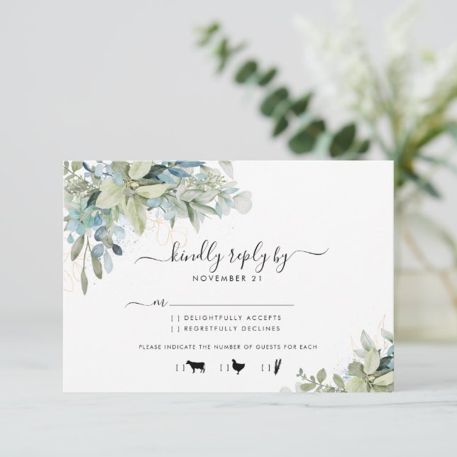 Elegant Eukalyptus Greenerity Wedding Menu UAWG RSVP Karte (Stehend Vorderseite)