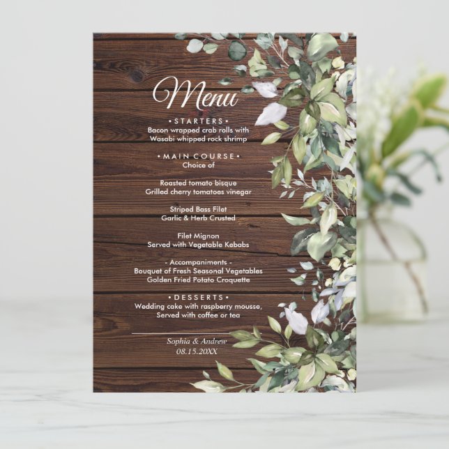 Elegant Eukalyptus Greenerity Wood Wedding Menu Menükarte (Stehend Vorderseite)