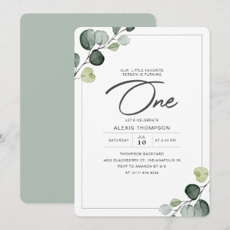 Elegant Eukalyptus Greenery 1. Geburtstag Party Einladung