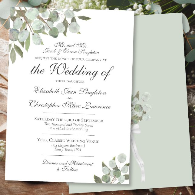 Elegant Eukalyptus & Greenery Formal Wedding Einladung (Front/Back)