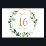 Elegant Eukalyptus Greenery Gold Tischnummern<br><div class="desc">Diese individuell gestaltbare Tischnummer-Karte wurde für die Abstimmung mit unserer Hochzeitskollektion Moody Greenery entworfen und weist einen goldenen geometrischen Rahmen mit Aquarellfarben-Eukalyptus-Ästen aus,  mit Gold und Grautext. Um erweiterte Änderungen vorzunehmen,  wählen Sie bitte unter Personalisieren dieser Vorlage die Option "Klicken Sie auf,  um weitere Anpassungen vorzunehmen".</div>