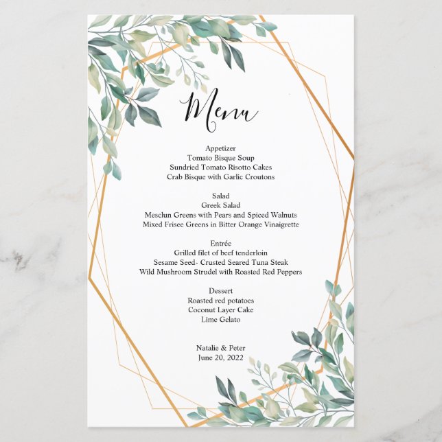 Elegant Eukalyptus Greenery Gold Wedding Menu (Vorderseite)