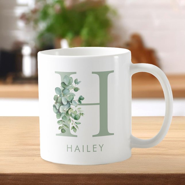Elegant Eukalyptus Greenery Initial Name Monogram Kaffeetasse (Von Creator hochgeladen)