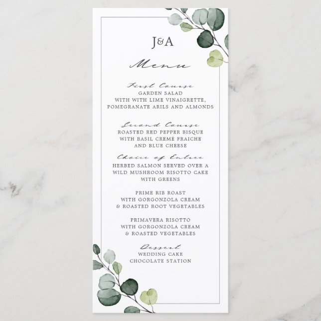 Elegant Eukalyptus Greenery Vier Course Menükarte (Vorderseite)