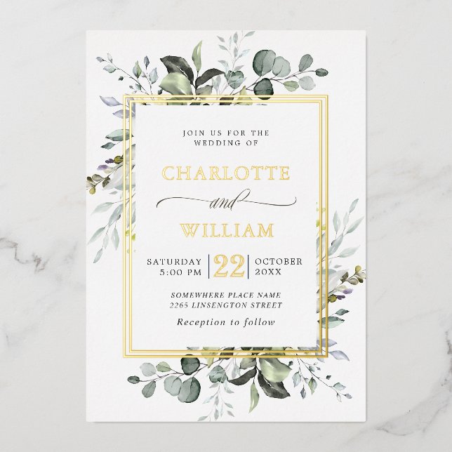 Elegant Eukalyptus Greenery Wedding Gold Foil Folieneinladung (Vorderseite)