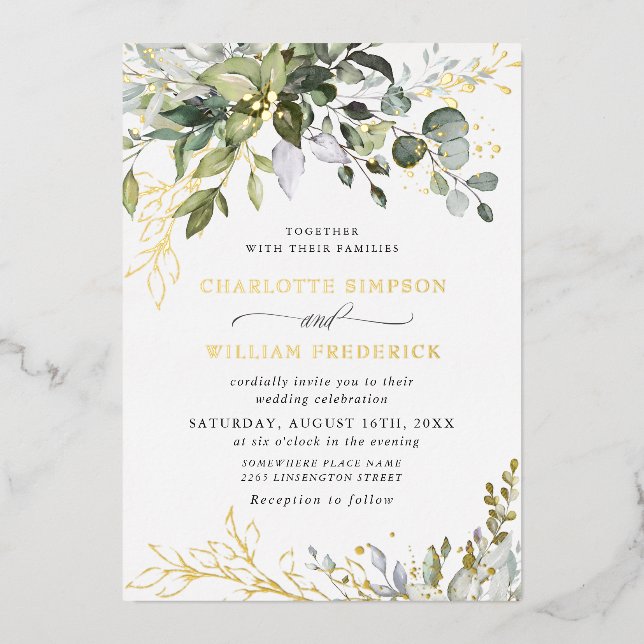 Elegant Eukalyptus Greenery Wedding Gold Folieneinladung (Vorderseite)