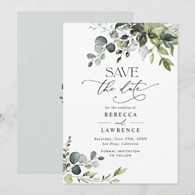 Elegant Eukalyptus Greenery Wedding Save the Date Einladung (Vorne/Hinten)