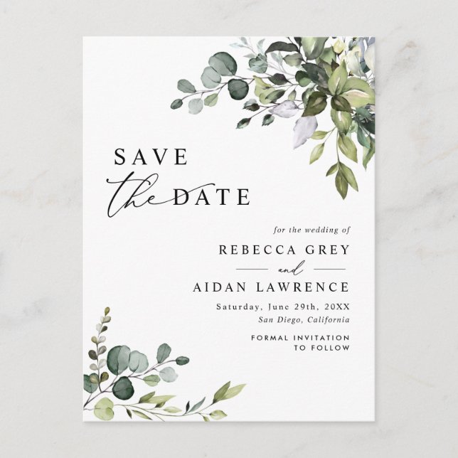 Elegant Eukalyptus Greenery Wedding Save the Date Postkarte (Vorderseite)