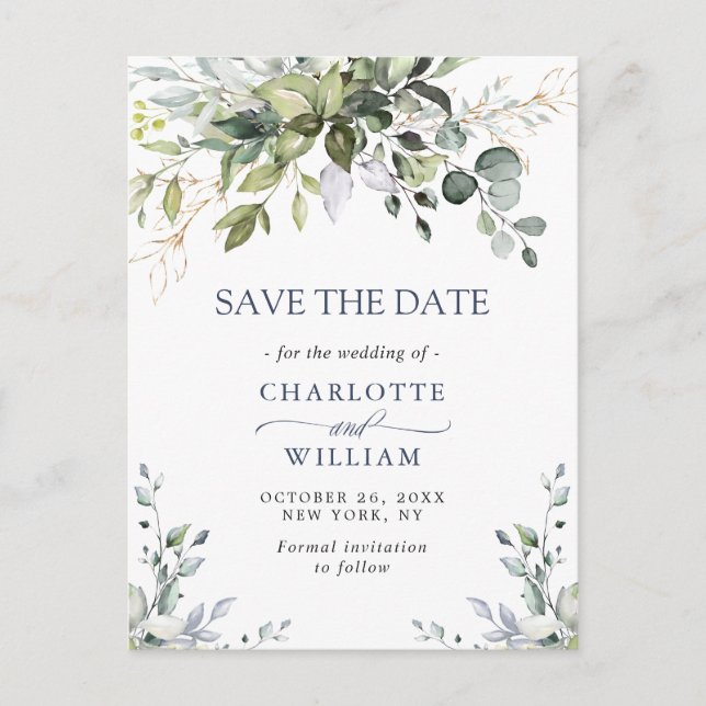 Elegant Eukalyptus Greenery Wedding Save the Date Postkarte (Vorderseite)