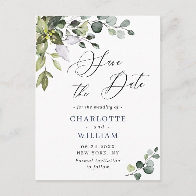 Elegant Eukalyptus Greenery Wedding Save the Date Postkarte (Vorderseite)