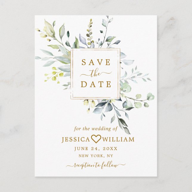 Elegant Eukalyptus Greenery Wedding Save the Date Postkarte (Vorderseite)