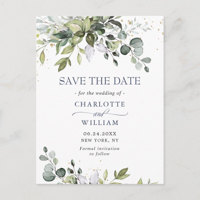 Elegant Eukalyptus Greenery Wedding Save the Date Postkarte (Vorderseite)