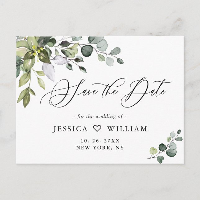 Elegant Eukalyptus Greenery Wedding Save the Date Postkarte (Vorderseite)