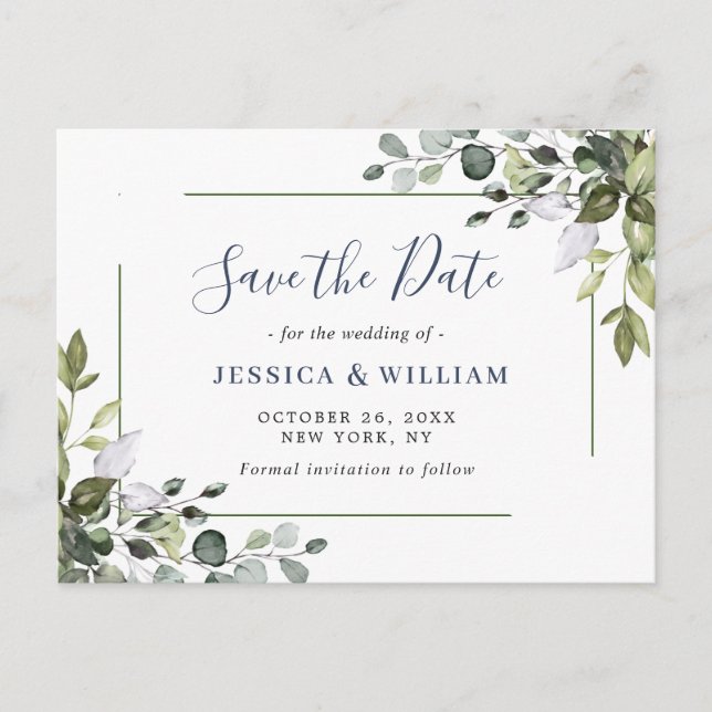 Elegant Eukalyptus Greenery Wedding Save the Date Postkarte (Vorderseite)