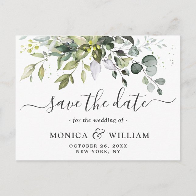 Elegant Eukalyptus Greenery Wedding Save the Date Postkarte (Vorderseite)
