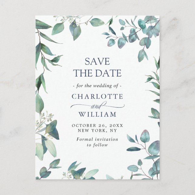 Elegant Eukalyptus Greenery Wedding Save the Date Postkarte (Vorderseite)