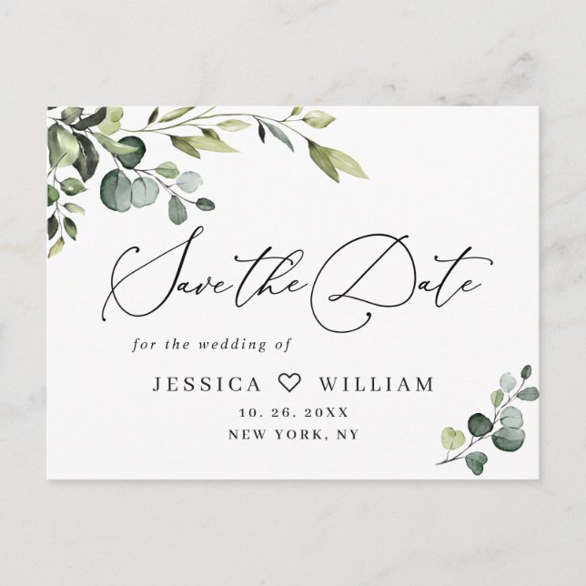 Elegant Eukalyptus Greenery Wedding Save the Date Postkarte (Vorderseite)