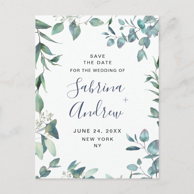 Elegant Eukalyptus Greenery Wedding Save the Date Postkarte (Vorderseite)
