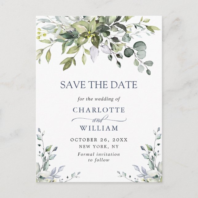 Elegant Eukalyptus Greenery Wedding Save the Date Postkarte (Vorderseite)