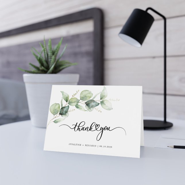 Elegant Eukalyptus Hand Lettered Greenery Wedding Dankeskarte (Wedding Thank You with Eucalyptus Script Folded Card)