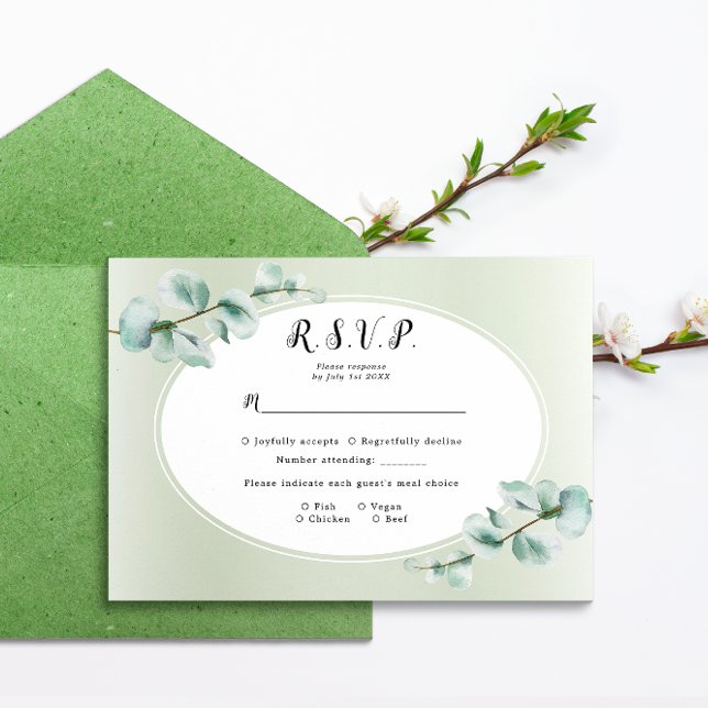 Elegant Eukalyptus leaf Greenerity Wedding RSVP Karte (Von Creator hochgeladen)