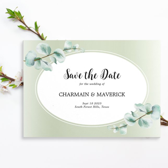 Elegant Eukalyptus leaf Greenerity Wedding Save The Date (Von Creator hochgeladen)