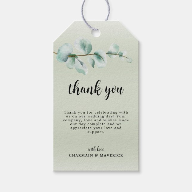 Elegant Eukalyptus leaf Greenery Danke für Ihre Un Geschenkanhänger (Vorderseite)