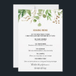 Elegant Eukalyptus Leaf Greenery Kissing Menu<br><div class="desc">Dieses elegante Eukalyptus-Blatt-Kissingmenü ist perfekt für eine tropische Hochzeitsfeier. Das Design zeichnet sich durch kunstvoll handbemalte eukalyptus-grüne Blätter aus,  die in geometrische Formen angeordnet sind und die natürliche Schönheit inspiriere.</div>