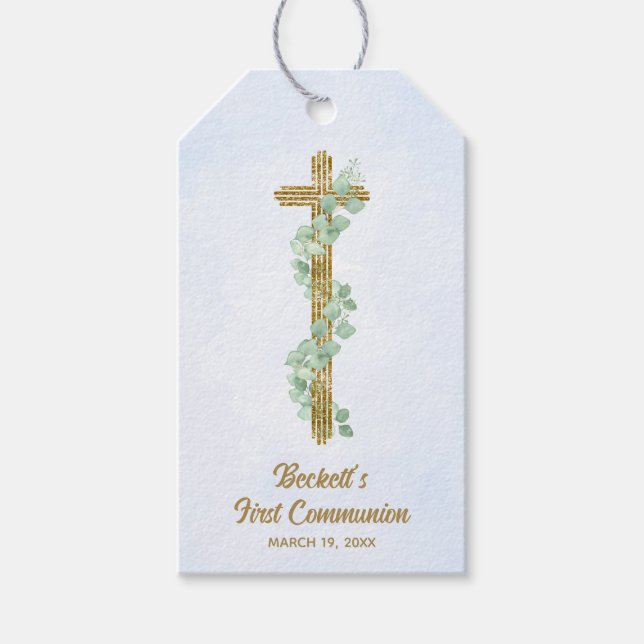 Elegant Eukalyptus und Cross Blue First Communatio Geschenkanhänger (Vorderseite)