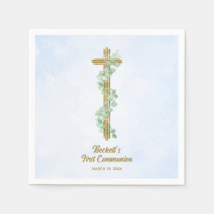Elegant Eukalyptus und Cross Blue First Communatio Serviette